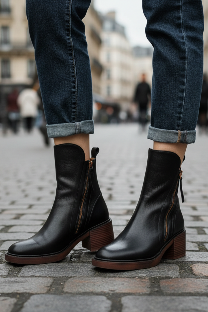 Belle Étoile™ | Garciel – Black leather ankle boots with comfort heel